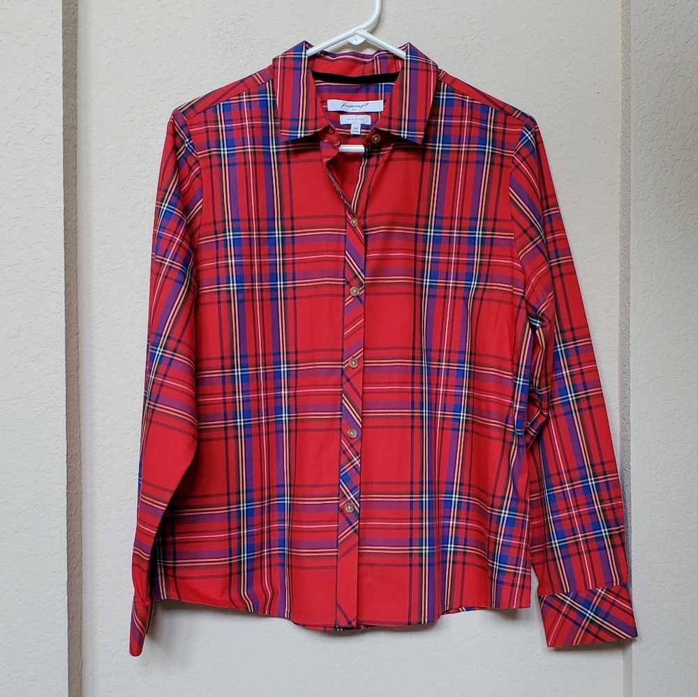 Foxcroft Vibrant Plaid Long Sleeve Shirt. Size 14P